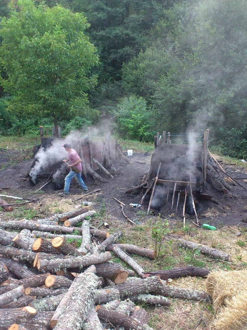 Charcoal being carbonized and cooled